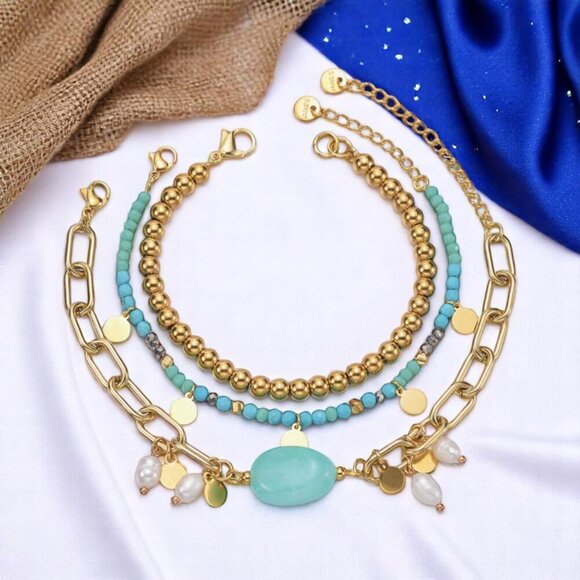 🆕️18K Gold Plated Stainless Steel Bracelet Set: Jade & Freshwater Pearls 🌟 - Picture 7 of 13